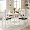 Set of two modern white dining chairs with black upholstered cushions, designed for comfort and durability in dining.