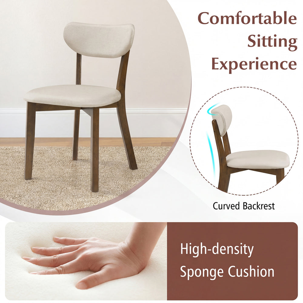 Upholstered mid-back dining chair with solid rubber wood frame, featuring a curved backrest for ergonomic comfort.