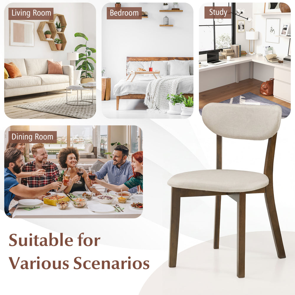 Upholstered mid-back dining chair with solid rubber wood frame, ideal for dining rooms and versatile settings.