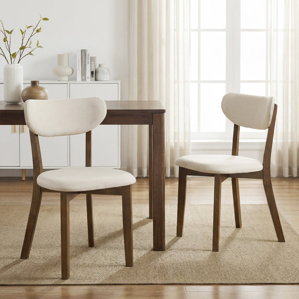 Mid-back dining chair with solid rubber wood frame and skin-friendly linen fabric, perfect for stylish dining spaces.