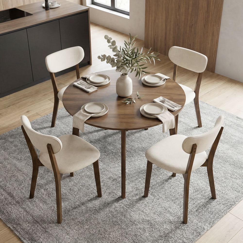 Upholstered mid-back dining chairs with solid rubber wood frame in white, perfect for dining rooms and kitchens.