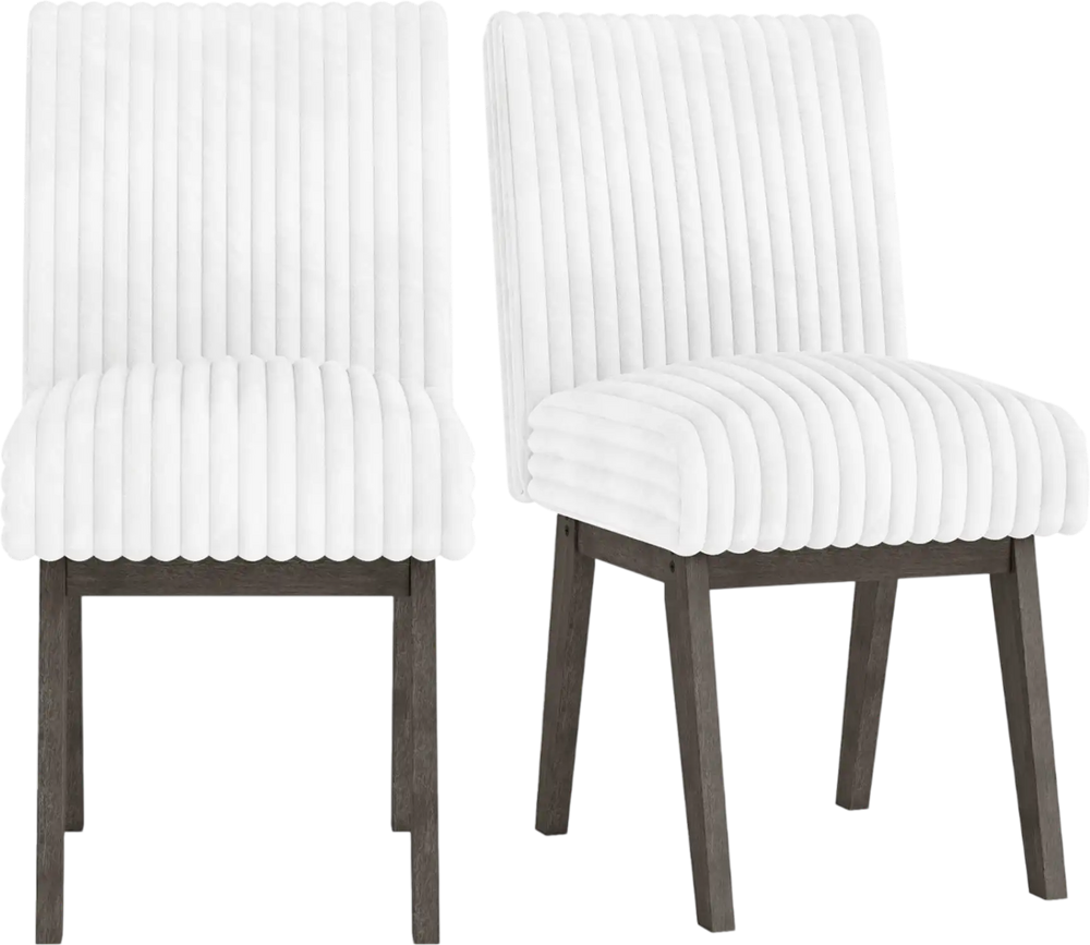 Set of 2 gray and white dining chairs with padded seats, flannel upholstery, and sturdy rubber wood legs for kitchen.