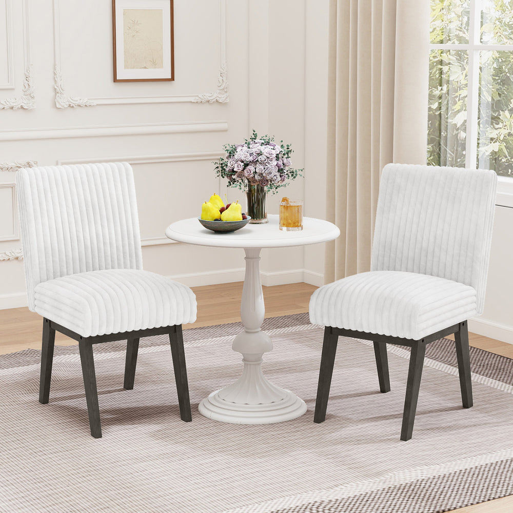 Set of 2 gray and white fabric upholstered dining chairs with padded seats and rubber wood legs for kitchen or dining.