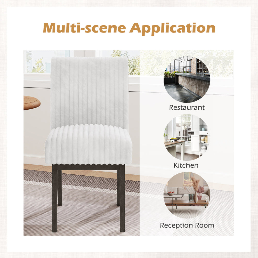 Gray and white fabric upholstered dining chair with padded seat and rubber wood legs, ideal for kitchen and restaurant.