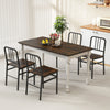 Dining table set with four rustic brown chairs featuring slatted backrests and sturdy metal frames for enhanced stability.