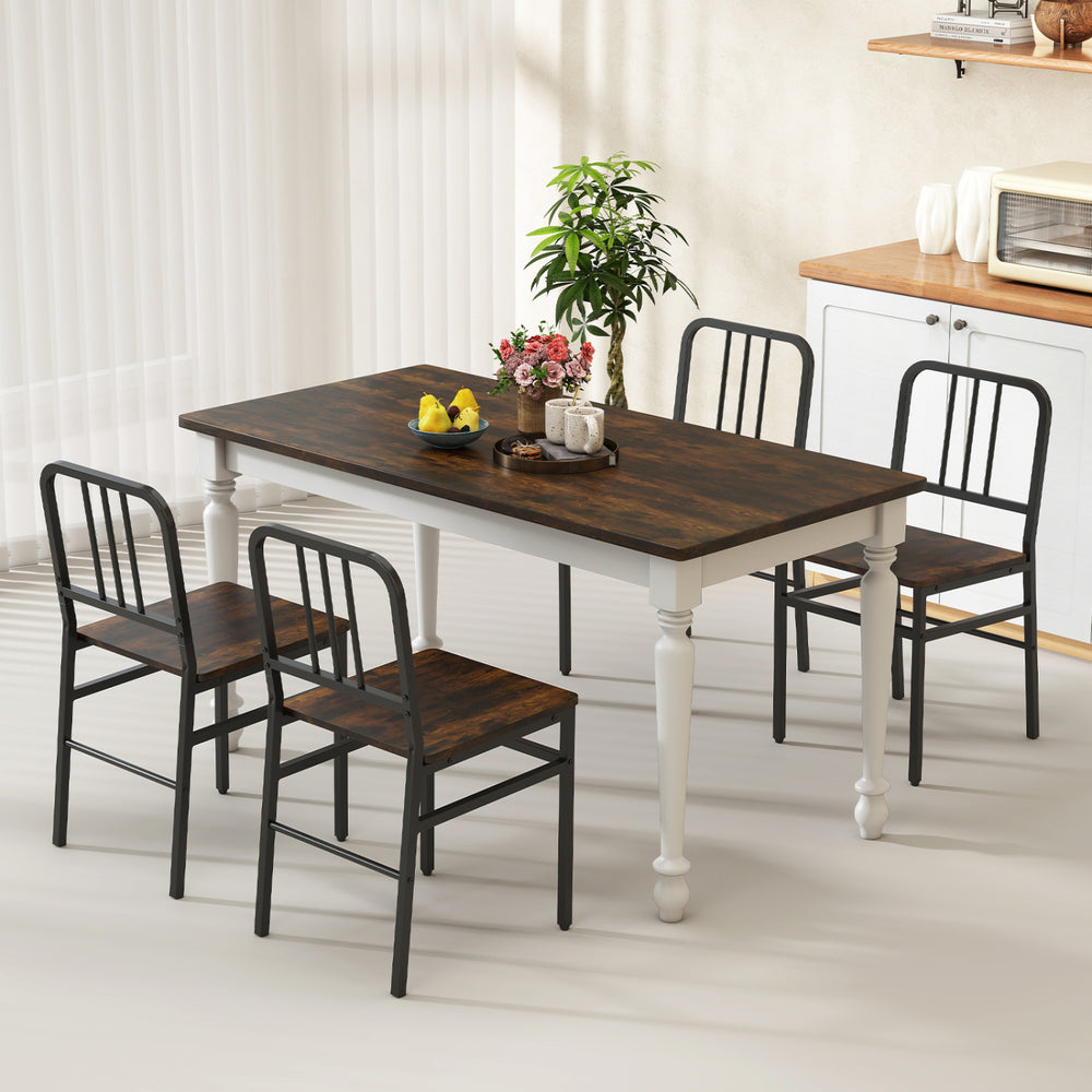 Dining table set with four rustic brown chairs featuring slatted backrests and sturdy metal frames for enhanced stability.