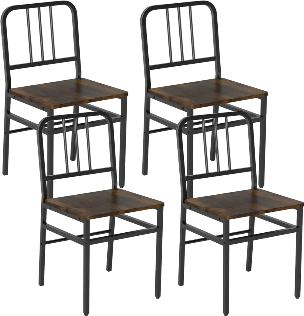 Set of 4 dining chairs with slatted backrest, rustic brown wooden seats, and sturdy metal frames for stylish dining.