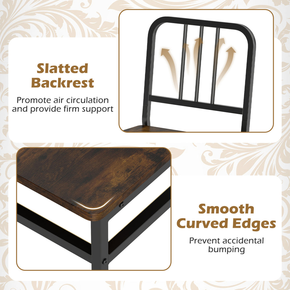 Dining chair set of 4 with slatted backrest, rustic brown wooden seat, and sturdy metal frame for stylish dining.
