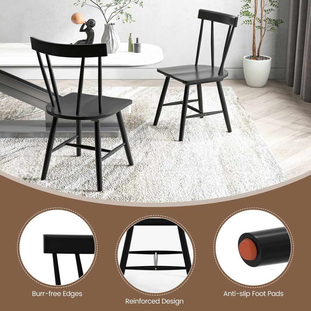 Windsor style armless chair in black with solid rubber wood frame, featuring burr-free edges and anti-slip foot pads.