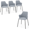Set of four gray dining chairs with curved backrest, wide seat, and armrests for comfortable dining experiences.