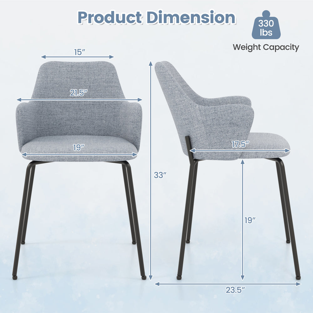 Curved backrest dining chair dimensions with gray fabric, wide seat, and sturdy metal frame for optimal comfort.