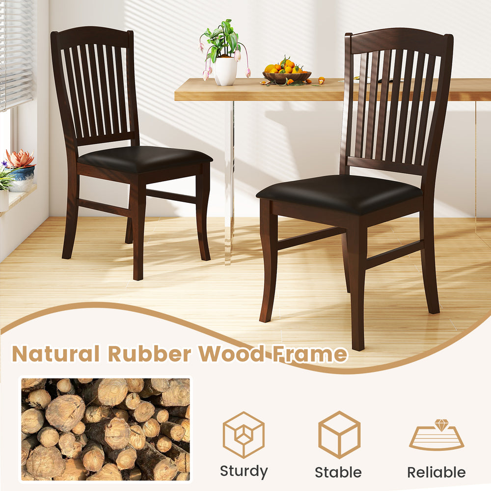 Set of 2 mid-century dining chairs with natural rubber wood frame and PU leather upholstery for kitchen or dining room.