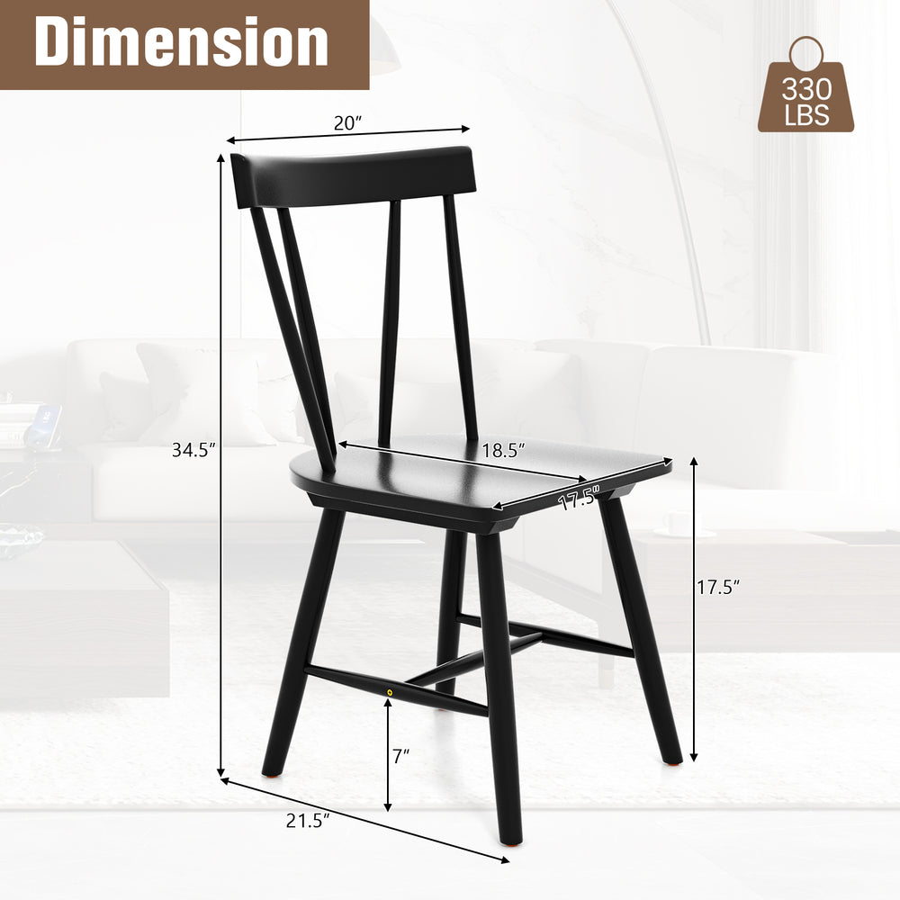 Windsor style armless chair in black with solid rubber wood frame, ergonomic design, ideal for dining or living rooms.