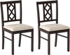 Set of 2 brown rubber wood dining chairs with ergonomic hollowed backrest and faux linen upholstery for comfort.