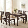 Brown rubber wood dining chairs set of 2 with ergonomic hollowed backrest, placed around a dining table.