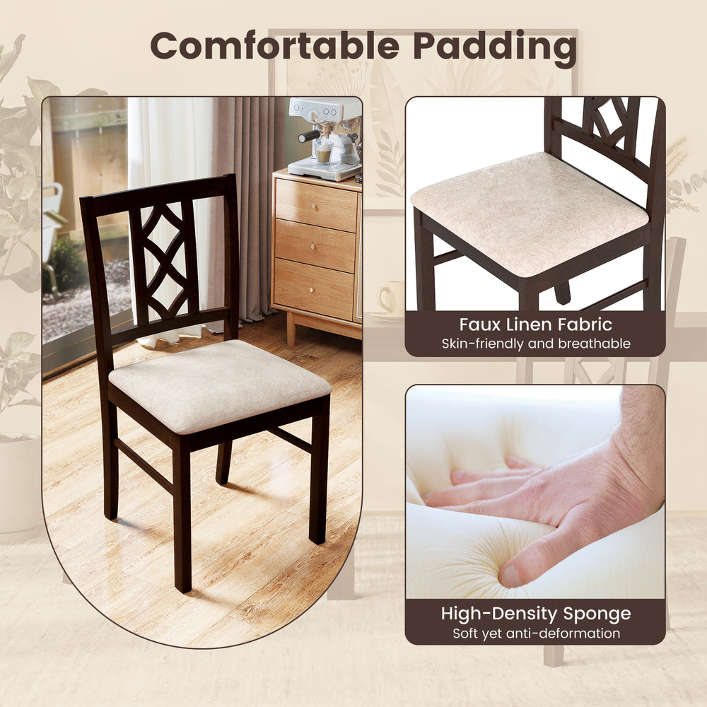 Brown dining chair with faux linen fabric, high-density sponge padding, and ergonomic hollowed backrest for comfort.