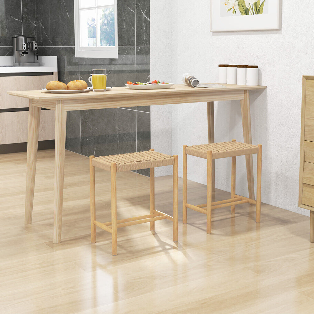Natural 18-inch dining stool set of 2 with woven paper rope seats, perfect for indoor or outdoor use.