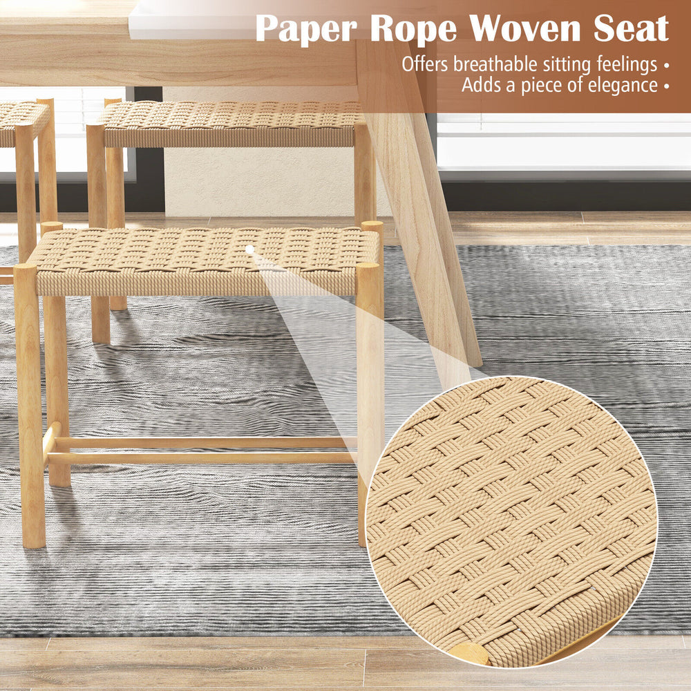 Natural 18-inch dining stool set of 2 with woven paper rope seat, ideal for indoor and outdoor use.