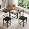 Dining table set with rustic brown finish, featuring 4 upholstered stools and sturdy metal frame for family gatherings.
