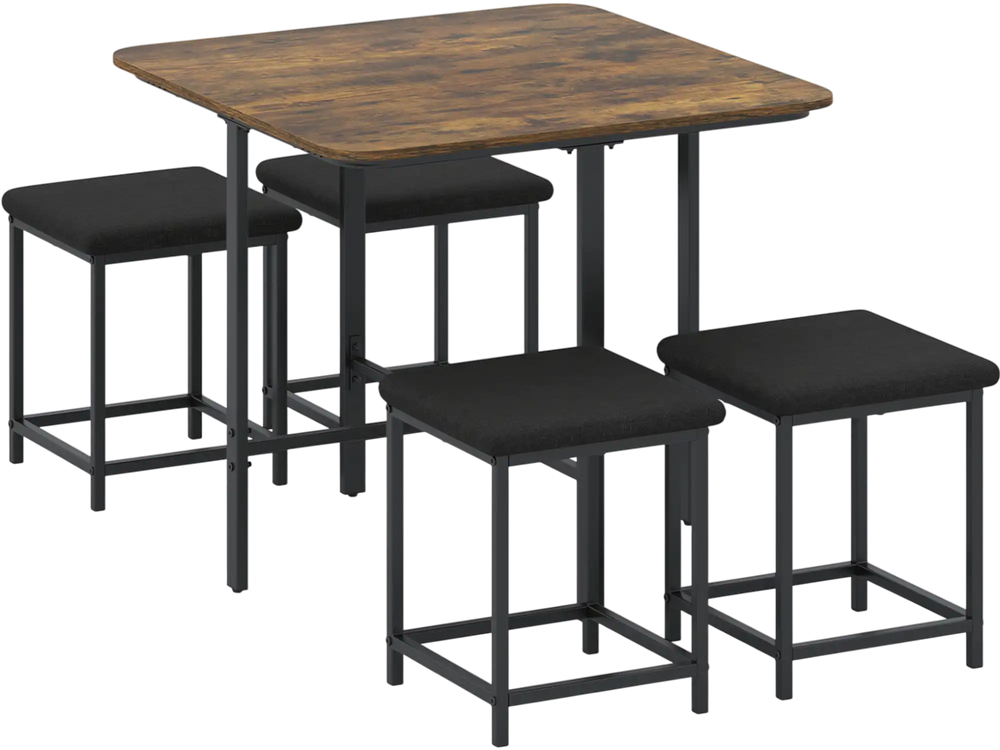 Dining table set with rustic brown top and 4 upholstered stools, featuring a sturdy metal frame for family gatherings.