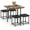 Rustic brown dining table set with 4 upholstered stools, featuring a sturdy metal frame for family gatherings.