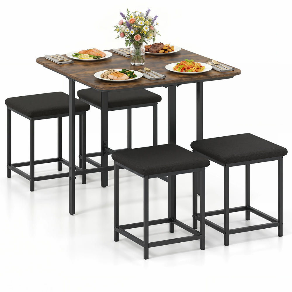 Rustic brown dining table set with 4 upholstered stools, featuring a sturdy metal frame for family gatherings.