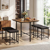 Dining table set with 4 upholstered stools in rustic brown, featuring a metal frame and space-saving design for family.