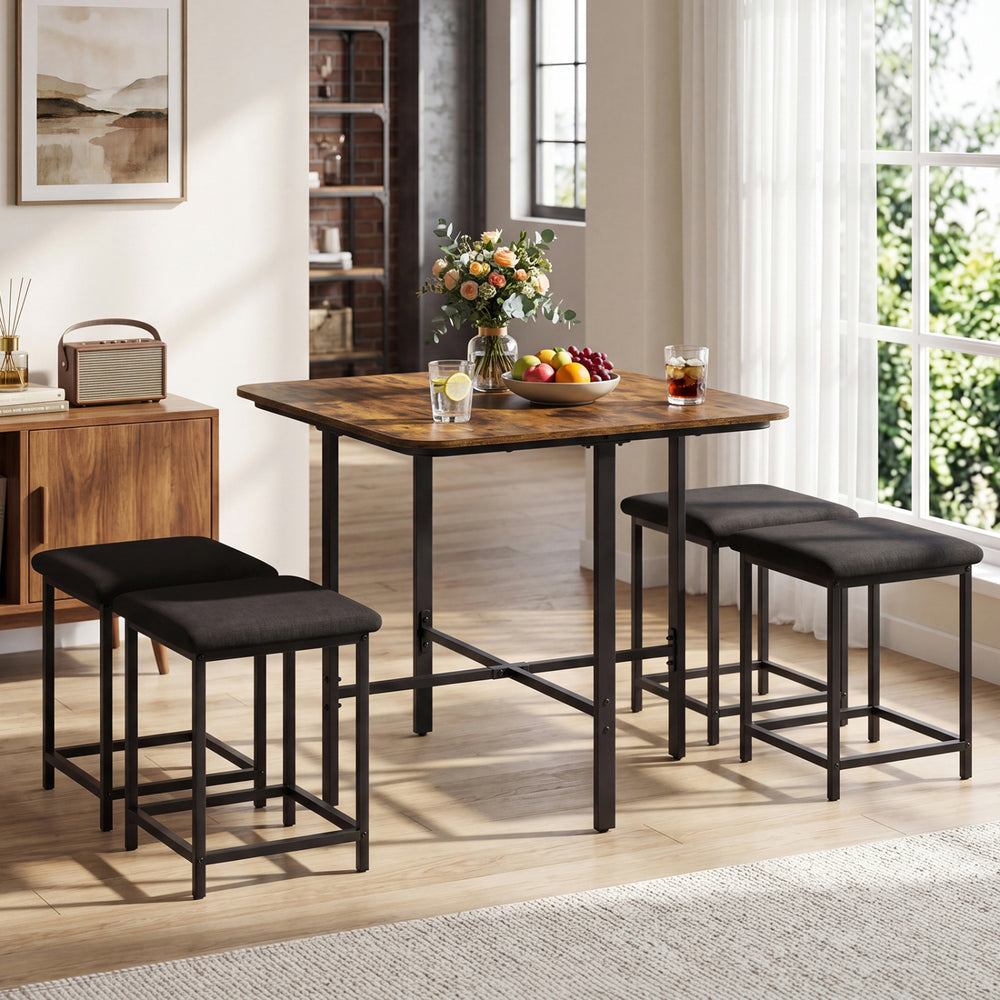 Dining table set with 4 upholstered stools in rustic brown, featuring a metal frame and space-saving design for family.