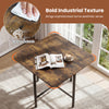 Rustic brown dining table set with 4 upholstered stools, featuring a durable metal frame for family gatherings.