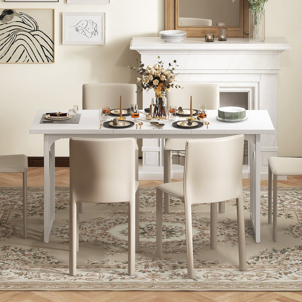 Rectangular 63-inch white dining table for 6-8 people, featuring a smooth surface and elegant arch structure, ideal for.
