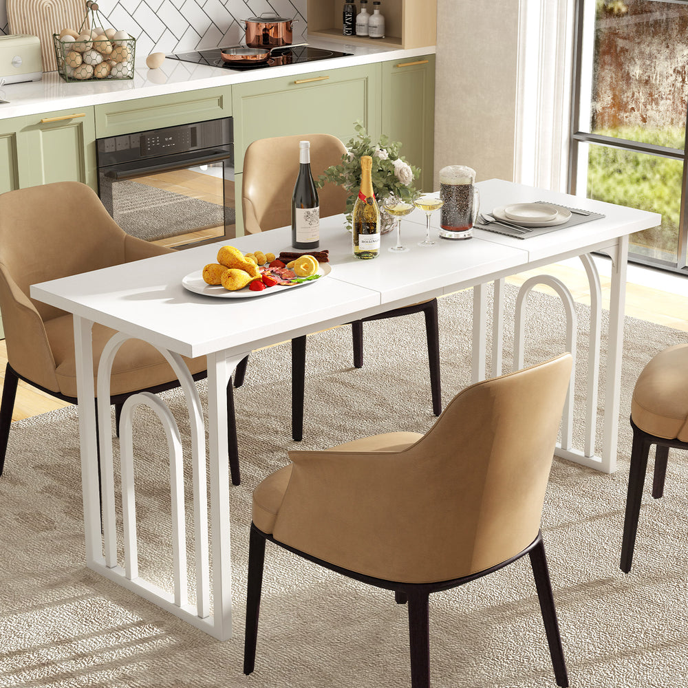 Rectangular 63" white dining table for 6-8 people with elegant arch structure, ideal for kitchen or living room use.