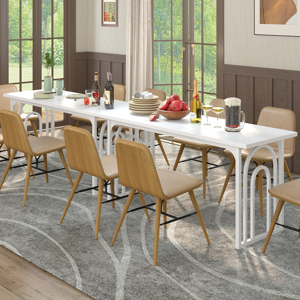 Rectangular 63" white dining table for 6-8 people with elegant arch structure, perfect for kitchen or living room use.