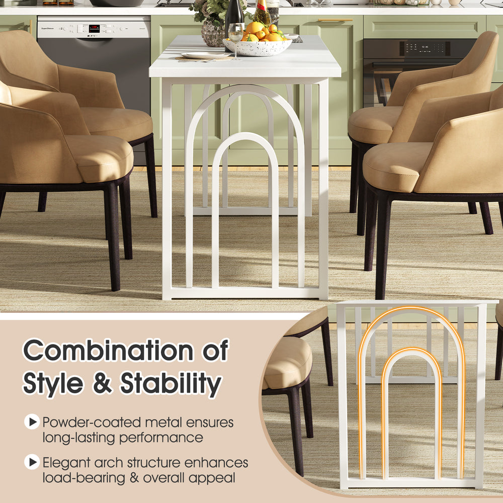 Close-up of the elegant arch structure of a 63" white dining table, showcasing its sturdy design and stylish appeal.