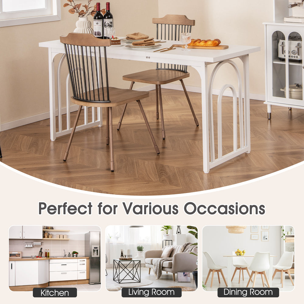 Rectangular 63" white dining table for 6-8 people, featuring a sturdy arch structure, ideal for kitchen or living room.