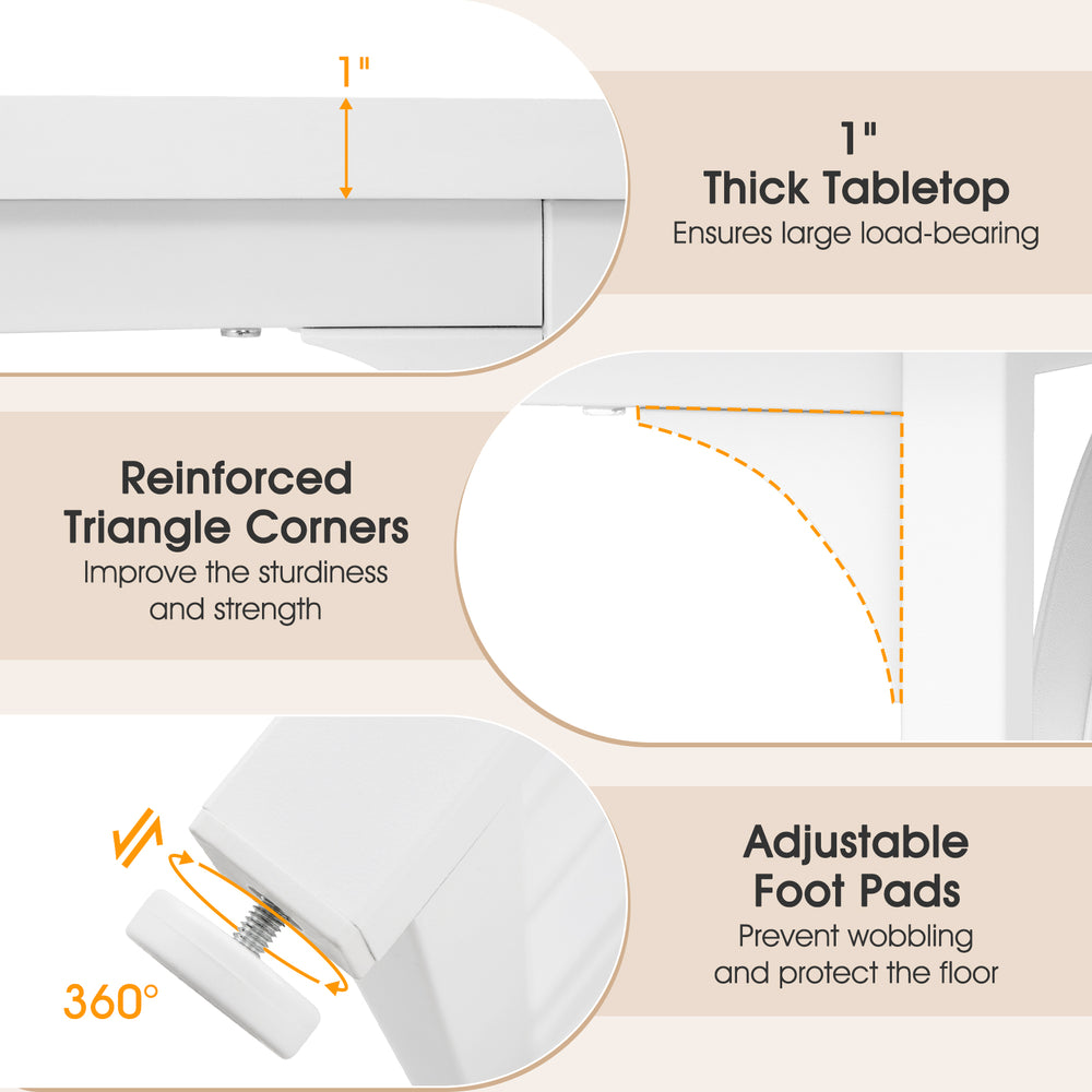 63" rectangular dining table with reinforced triangle corners and adjustable foot pads for stability in white finish.