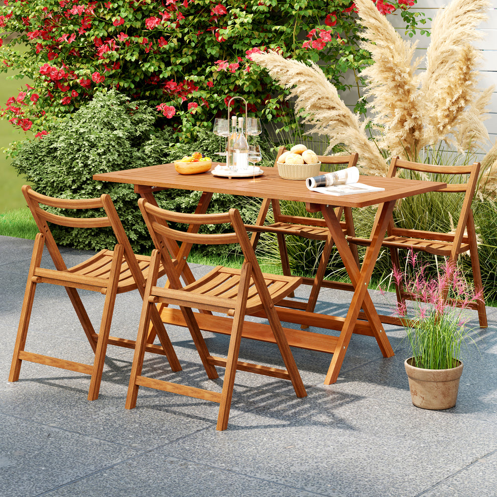 Patio dining table with teak finish and umbrella hole, featuring an X-shaped structure for stability, perfect for.