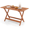 Patio dining table with teak finish, 54.5" x 27.5", featuring an umbrella hole, perfect for outdoor gatherings.