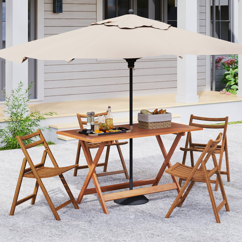 Patio dining table with teak finish, umbrella hole, and X-shaped structure, perfect for outdoor relaxation.