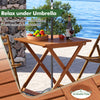 Square patio dining table with teak finish and umbrella hole, perfect for backyard relaxation and space-saving storage.