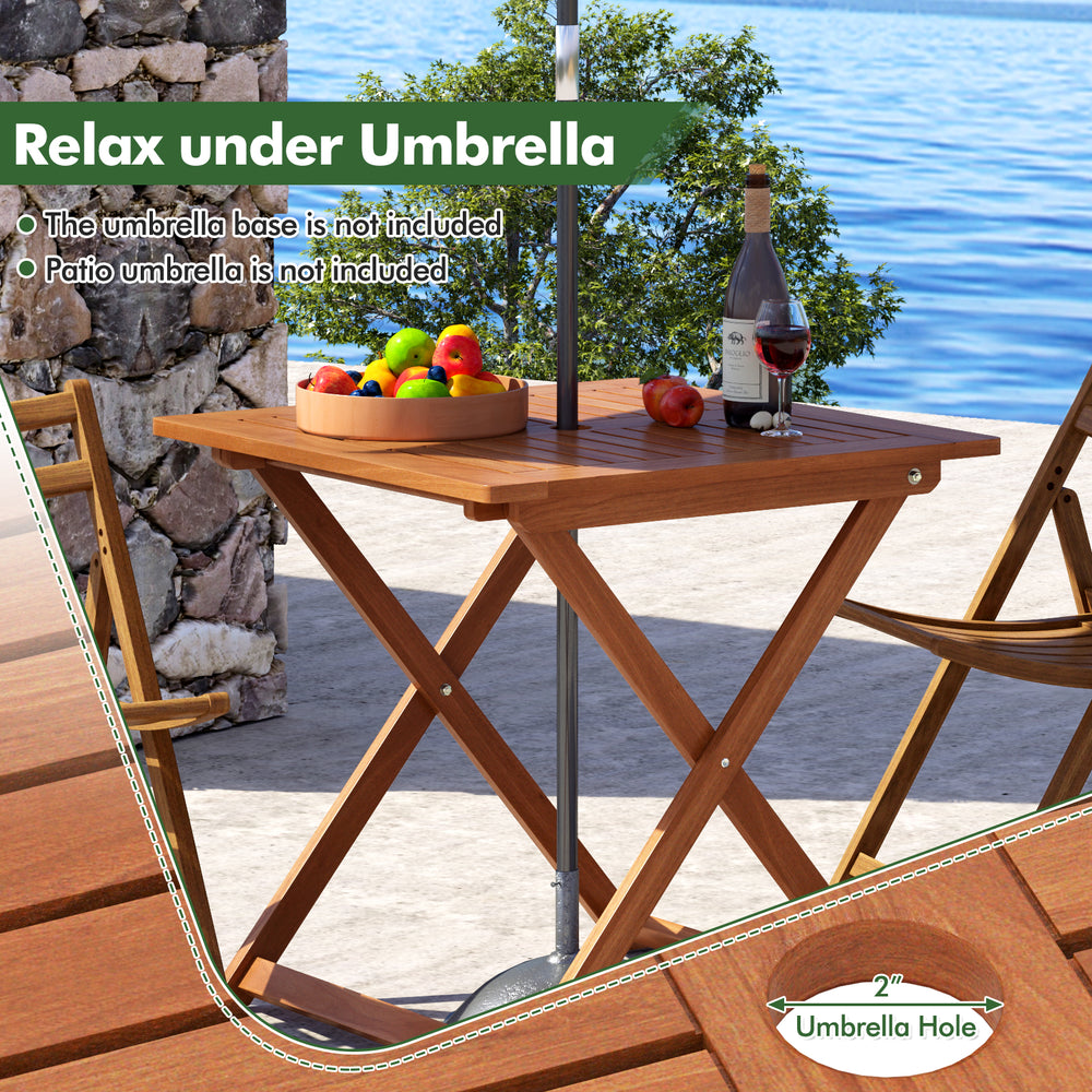 Square patio dining table with teak finish and umbrella hole, perfect for backyard relaxation and space-saving storage.