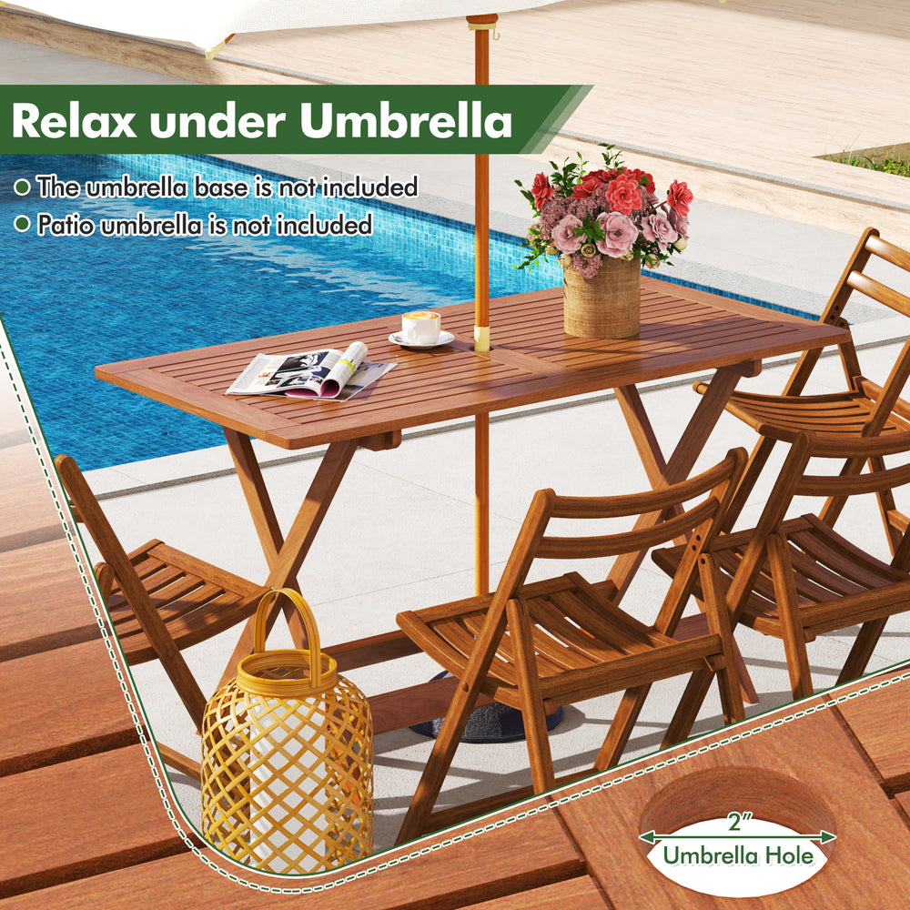 Patio dining table with teak finish and umbrella hole, perfect for backyard or poolside relaxation.