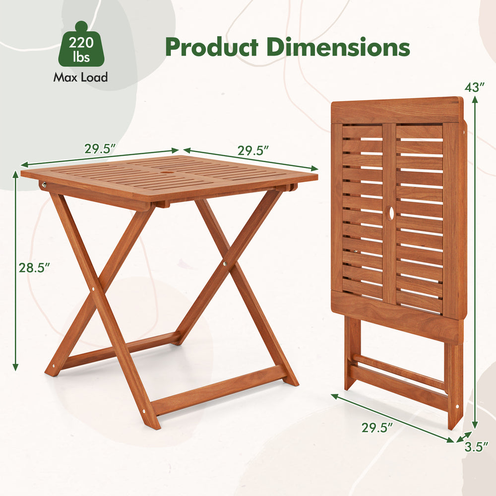 Folding patio dining table with teak finish, 29.5" x 29.5", featuring umbrella hole, ideal for outdoor use.