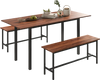 Walnut dining table set with two benches, featuring a sturdy metal frame, suitable for 4-6 people in modern spaces.