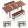 Extendable walnut dining table set with 2 benches, suitable for 4-6 people, ideal for kitchen or dining room use.