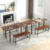 Extendable walnut dining table set for 4-6 with two benches, featuring a sturdy metal frame and modern design.