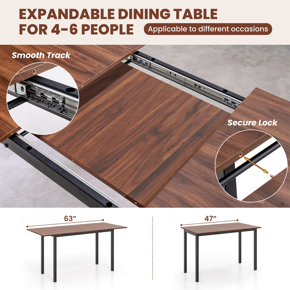 Expandable dining table with walnut veneer, smooth track, and secure lock for 4-6 people, ideal for various occasions.