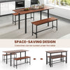 3-piece dining table set with walnut veneer, includes 2 benches that tuck under for space-saving in kitchens or dining.