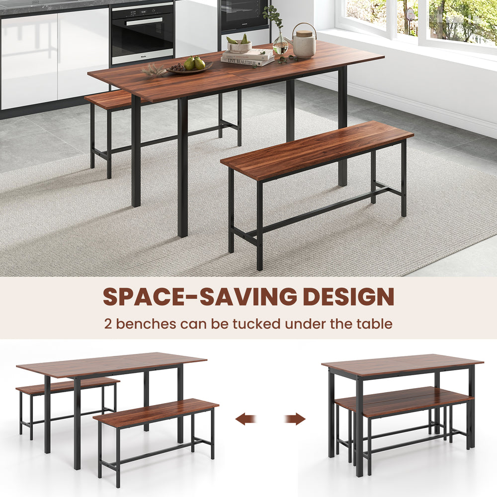 3-piece dining table set with walnut veneer, includes 2 benches that tuck under for space-saving in kitchens or dining.