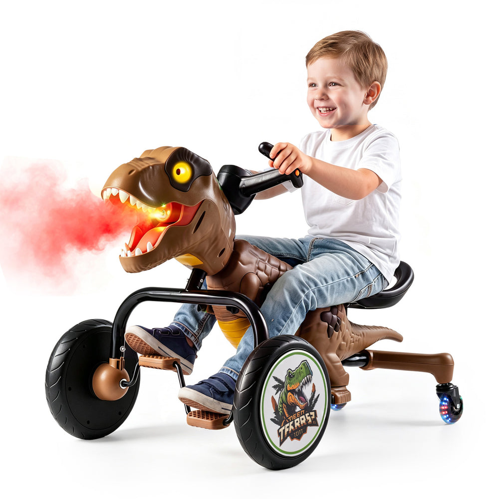 Dinosaur Drift Tricycle in brown features lights, mist spray, and 360-degree spin for an exciting riding experience.