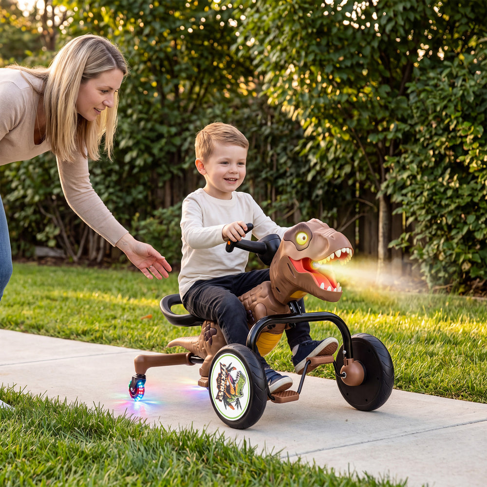 Dinosaur Drift Tricycle in brown features lights, mist spray, and a realistic dinosaur head for engaging outdoor play.